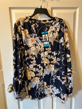 Well Worn 2X Navy Floral V-Neck Blouse - Navy/Gold/Cream Semi-Sheer NWT